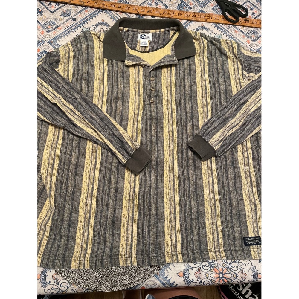 Vintage Arizona Jean Co Mens Large Long Sleeve Striped Polo Shirt Grey Yellow